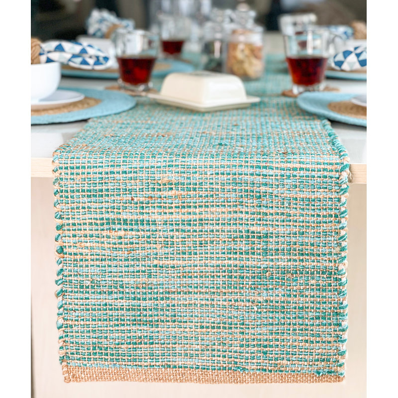 Chemin de table Pingham, Naturel / turquoise, 72 po x 13 po