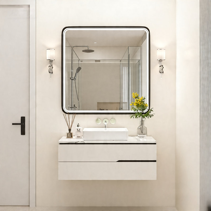 Miroir de salle de bain avec cadre en aluminium et éclairage à DEL, Noir, 36 po x 36 po