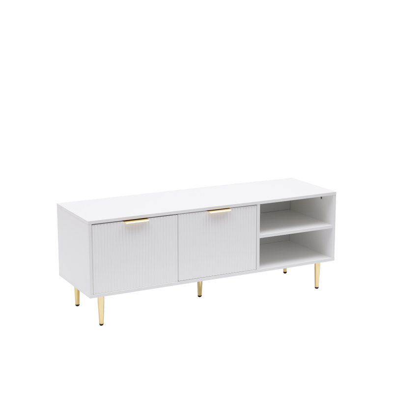 Modern TV Stand Cabinet with Ribbed Fluted Doors with legs for up to 60" TV's, White