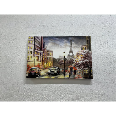 Reproduction d'une peinture de la Tour Eiffel : Scène de rue parisienne, toile encadrée noire, 1 pièce