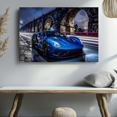 Canvas Wall Art Midnight Velocity Futuristic Blue Supercar Under City Bridge Ready To Hang Gallery Wrapped Home Decor Modern Design