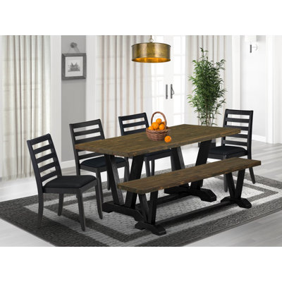 Ensemble de salle à manger moderne de 6 pièces comprenant une table de cuisine, un banc avec plateau en tissu jacobéen vieilli et 4 chaises empilables en tissu de polyester noir brossé.