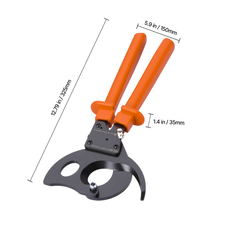 Ratcheting Cable Cutter with Spring Steel Blades, PVC-Coated Handles, and Quick-Release Button for Copper and Aluminum Cables up to 1000 MCM