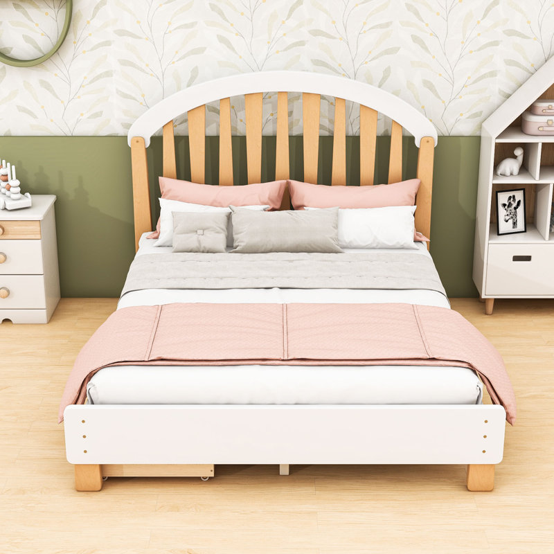 Lit plateforme en bois avec tiroirs de rangement et tête de lit, Full, White Natural