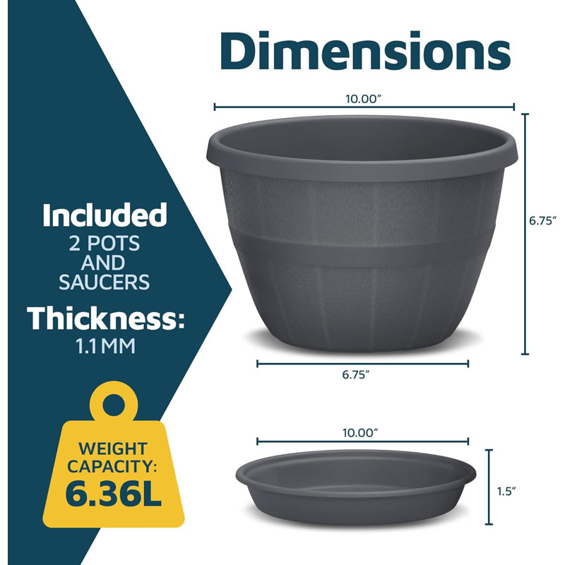 10-Inch Whiskey Barrel Planters Outdoor Pack of 2 - Durable Plastic Plant Pots for Indoor & Outdoor Use with Drainage & Saucer, Lightweight Rustic Barrel Planters for Flowers, Herbs & Small Plants