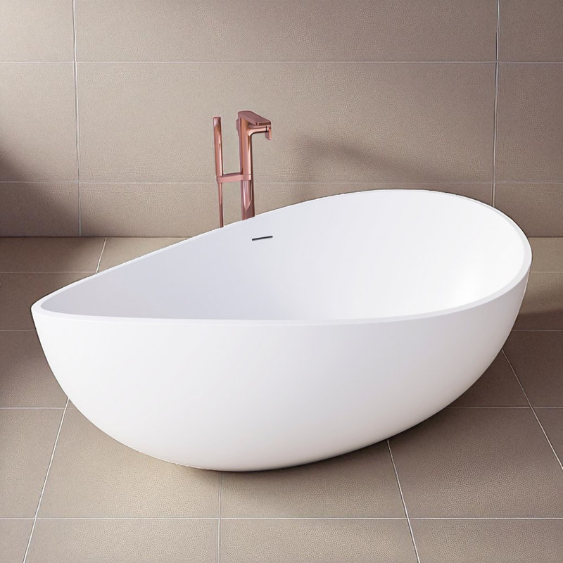 63"X37.5" Solid Surface Stone Resin Freestanding Soaking Bathtub, Glossy White
