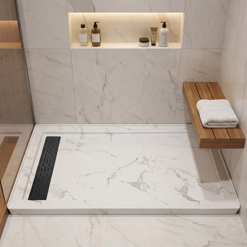 60"W x 32"D Rectangle Shower Base, Marble-Look Acrylic Shower Pan with Anti-slip Texture, Left, Matte Black