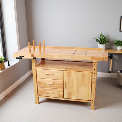 50" Professional Rubberwood Solid Wood Workbench-3 Drawers, 1 Cabinet Door & Open Shelf,Woodworking Carpenter Workshop & Home Use