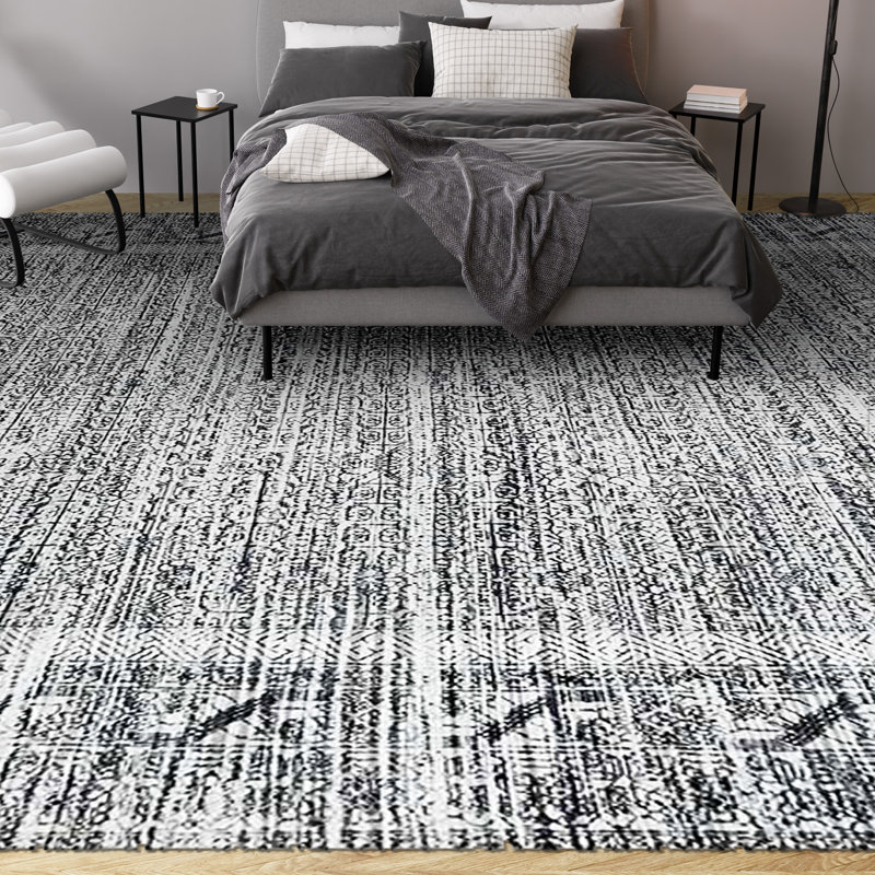 Tapis argenté et noir noué à la main de haute qualité, Rectangle 6 pi x 9 pi
