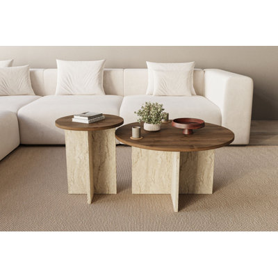 Ensemble de tables basses modernes (2 pièces), noyer et travertin, grand: 27,6 po x 15,7 po x 27,6 po, petit: 15,7 po x 18,5 po x 15,7 po | Panneau de particules 100% mélaminé, design élégant et durable, parfait pour le salon ou le salon