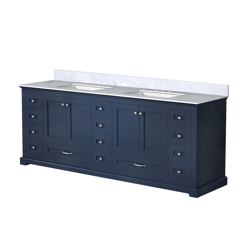 Double Bath Vanity with Carrara Marble Top, Navy Blue
