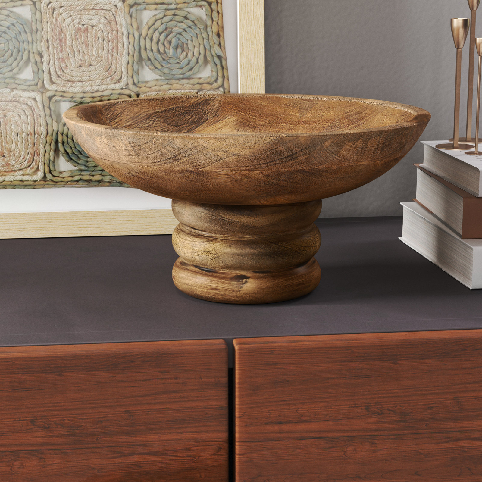 Boulders Bowl Mango Wood Pedestal Base Handcrafted Look for Home Office Bedroom Living Room - 5" Brown, Light Brown
