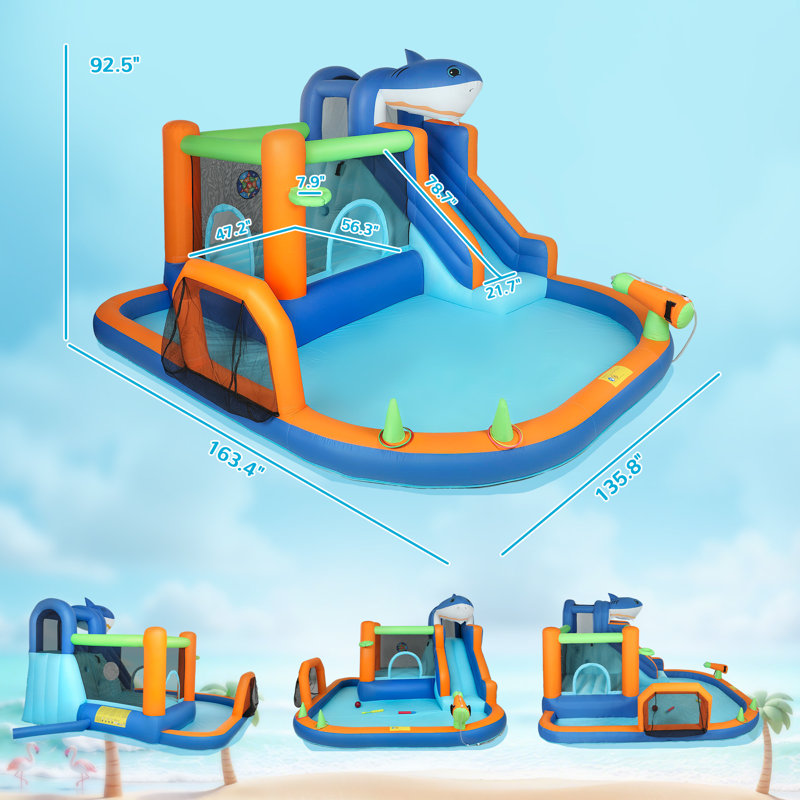 Jeu gonflable 8 en 1 pour enfants, glissade d'eau gonflable sur le thème des requins avec piscine, mur d'escalade, panier de basketball, château gonflable sauteur avec ventilateur pour la fête intérieure et extérieure, bleu