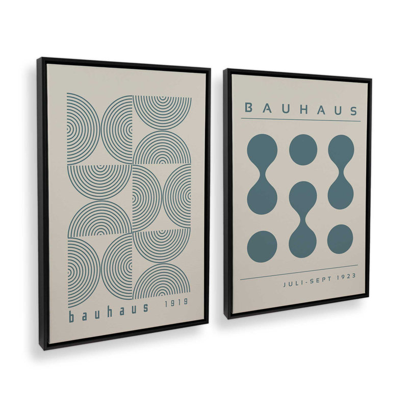Bauhaus Flow and Composition en bleu tempête I, ensemble de 2, Cadre flottant noir satiné, H 30 po x l 42 po