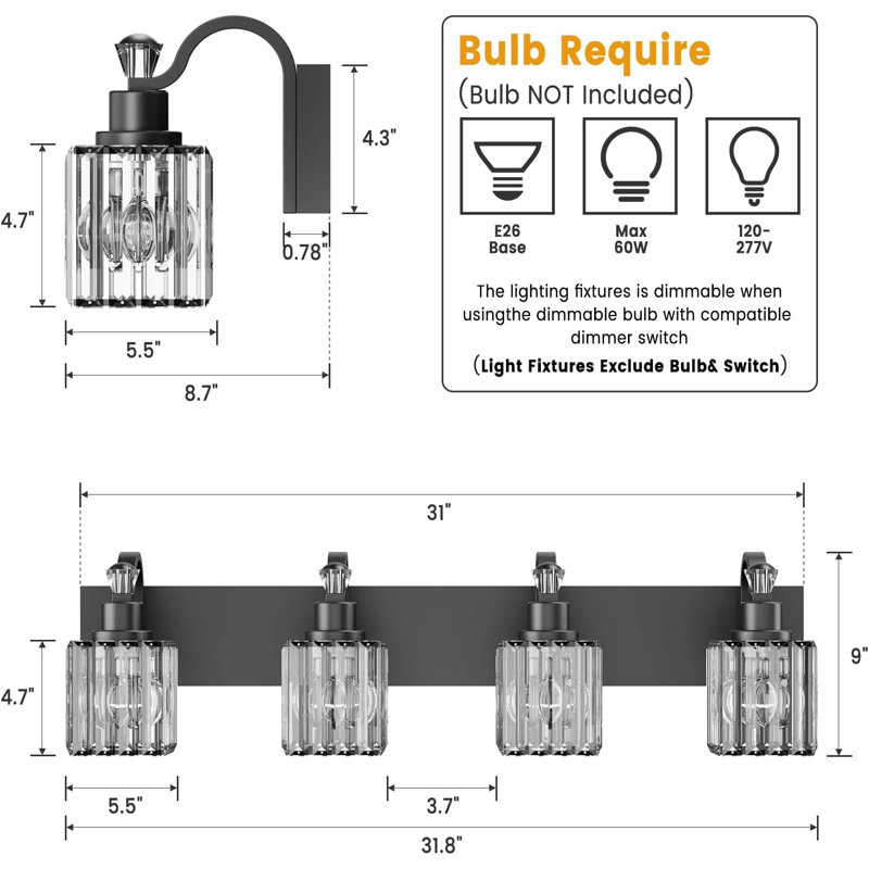 Luminaires de salle de bain modernes, 4 lumières, H 9 po x l 31,8 po x P 5,5 po