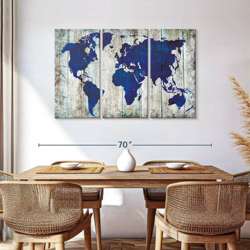 Aliaz Blue World Map On Wood, 36" H x 57" W