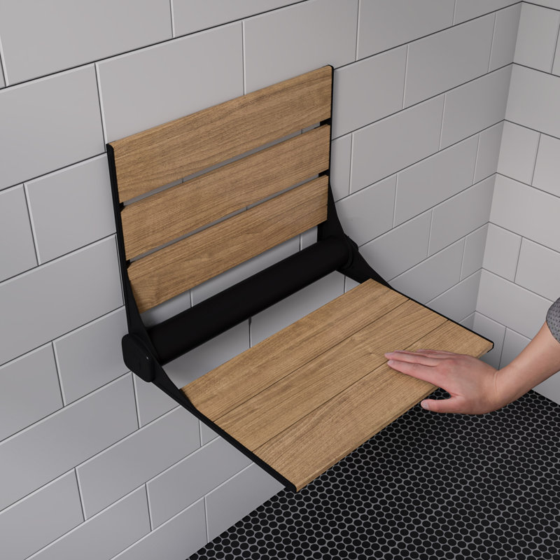 Black Matte Foldable Teak Shower Seat with Backrest