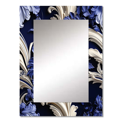 Hudgins Cobalt Blue Baroque Scrolls Victorian Pattern - Floral Wall Mirror, Cottage Decorative Mirror, Printed Metal Art