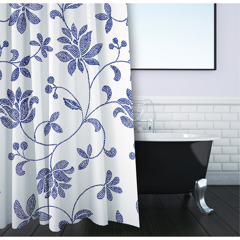 Rideau de douche Poteau Floral par E by Design, Porcelaine bleue