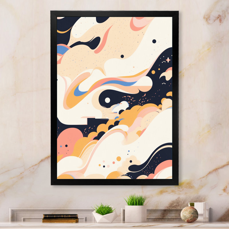Abstractions symétriques beiges noires sur toile, H 32 po x l 16 po x P 1 po, Cadre simple noir