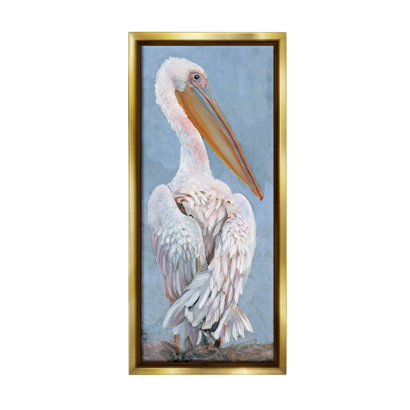 «Pelican From Back View Floater Frame» par Steller Design Studio sur toile, H 25 po x l 11 po, Cadre flottant métallique doré