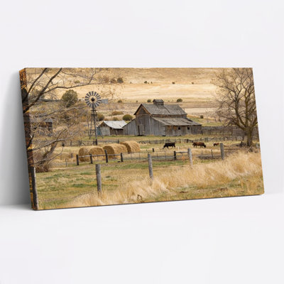 Scène de maison de campagne avec grange et moulin à vent, reproduction d'art sur toile tendue sur toile, ensemble de 1