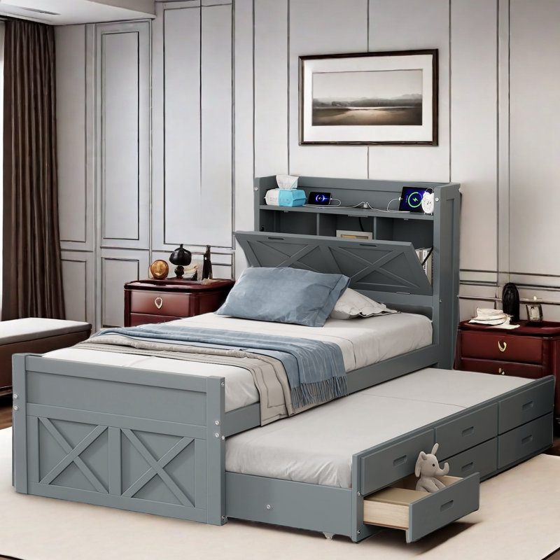 Roly Wooden Bed with Storage Headboard, Trundle, Three Storage and Outlets, Gray, Twin