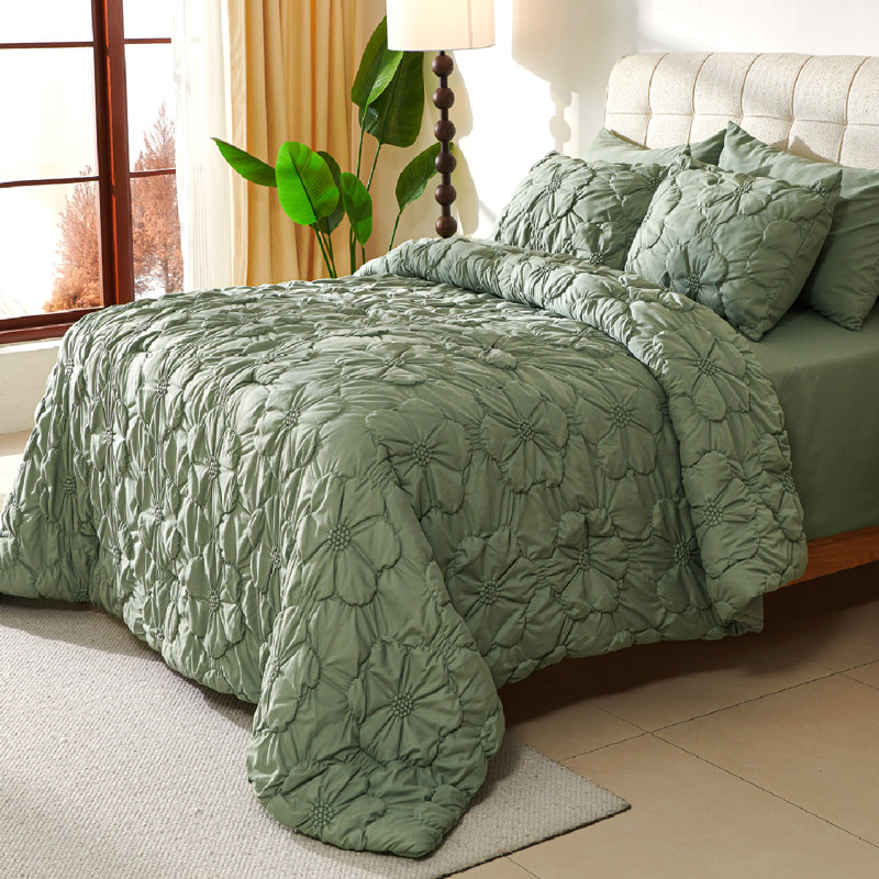 Ensemble d'édredon plissé 7 pièces Pintuck, ensemble de literie à ruche floral, Vert