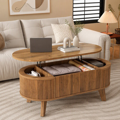 Table basse à plateau relevable cannelé avec rangement, table basse ovale moderne pour le salon ou le bureau personnel (noyer)