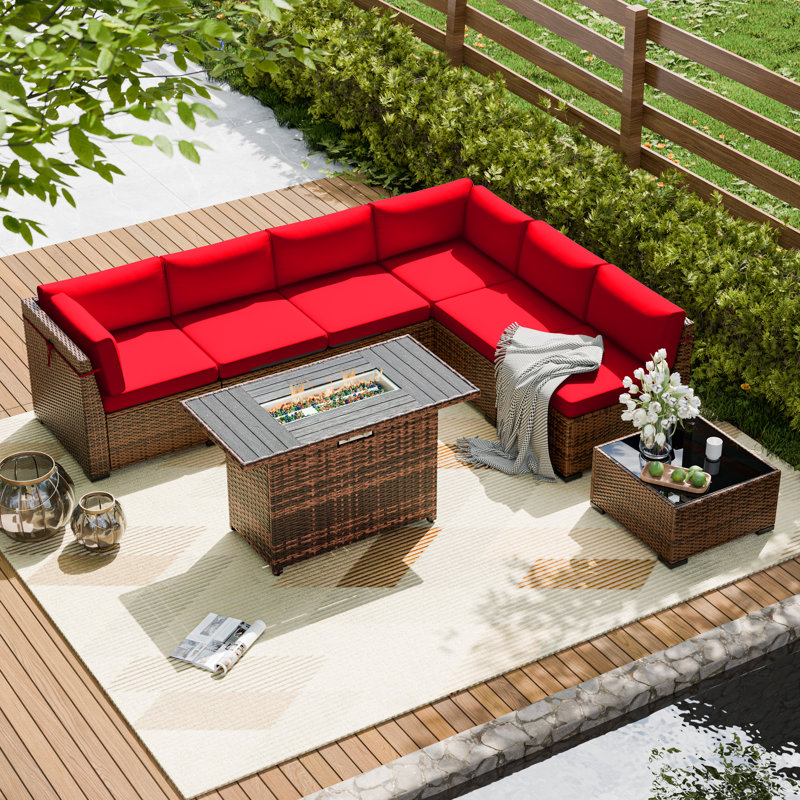 Treyshun Wicker Reversible Patio Seating Group with Cushions, Wine, Yes