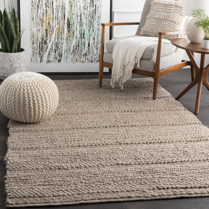 Tapis taupe en laine tissé à plat à la main Zekia, Rectangle 5 pi x 8 pi