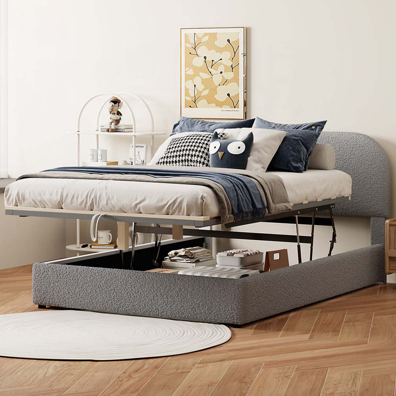 Lit rembourré Teddy avec rangement relevable, gris, Double