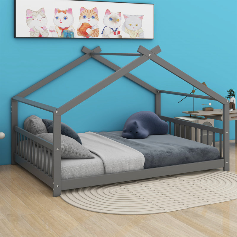 Solid Wood Low House Bed, Gray, Full / Double