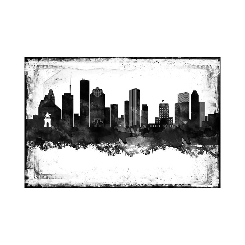 Houston Black and White Framed Skylines 1 Piece Wall Art on Canvas, 20.32cm H x 30.48cm W x 1.91cm D, Wrapped Canvas