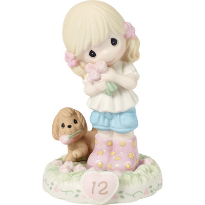 Precious Moments Blonde Birthday Girl with Puppy and Flowers Age 12 Figurine 5.12 Inch