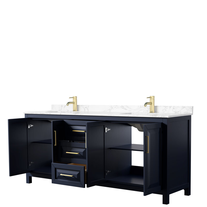 Daria 80'' W Double Vanity, Brushed Gold, Dark Blue, Carrara Cultured Marble