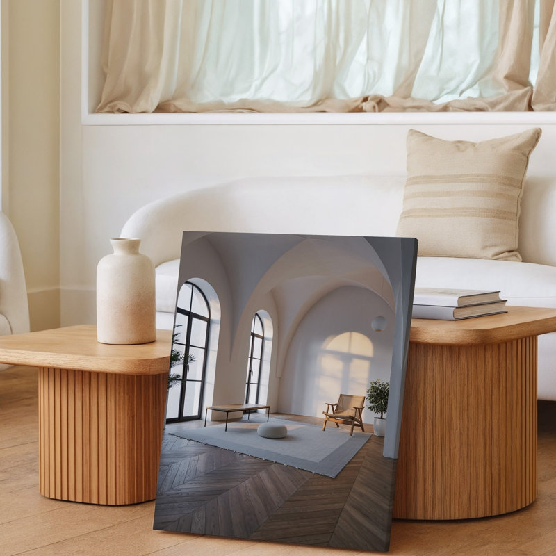 Toile d'un intérieur minimaliste serein avec une pièce lumineuse ensoleillée avec art mural, murs blanc doux et grandes fenêtres arquées, art mural sur toile