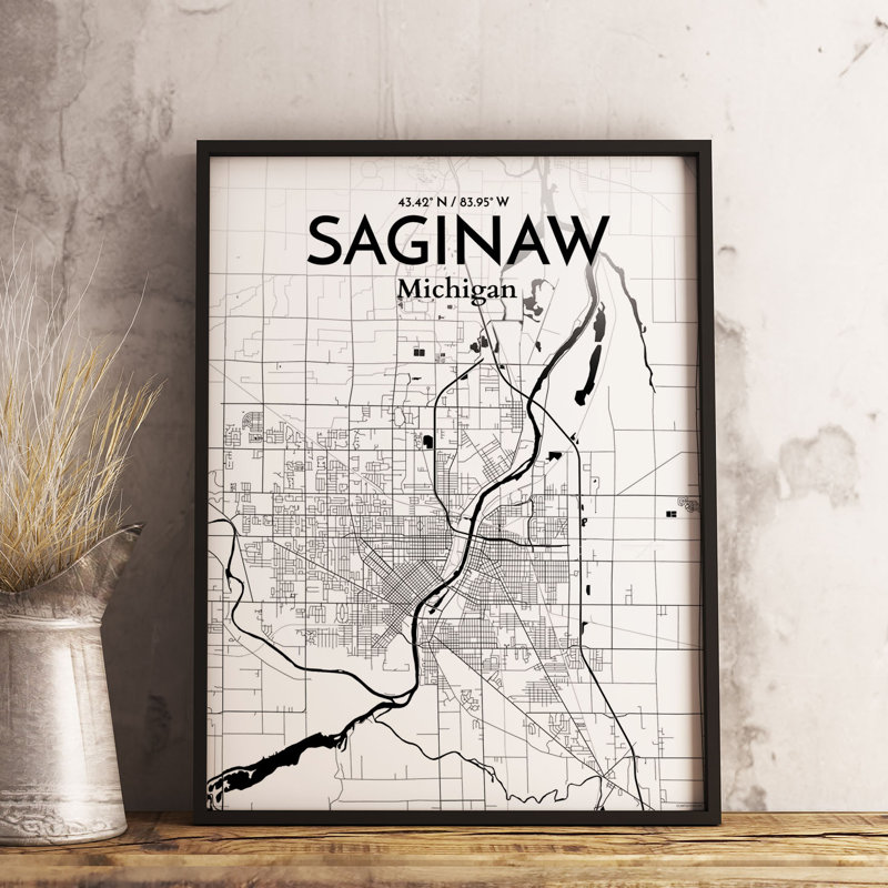 Saginaw City Map - Unframed Graphic Art Print on Paper, 70cm H x 50cm W x 0.13cm D, Grey