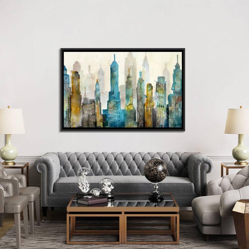 «City Sky», impression sur toile, H 18 po x l 26 po x P 1,5 po, Toile avec cadre noir, Pas de tapis