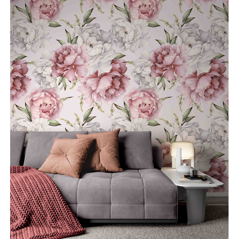 Papier peint floral pivoines roses et blanches, L 114 po x l 172 po