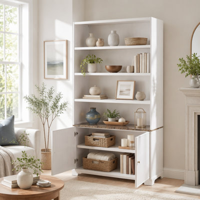 Bibliothèque avec plateau de table en faux marbre, 3 tablettes ouvertes et portes cannelées doubles, bibliothèque autoportante en bois pour le salon et le bureau