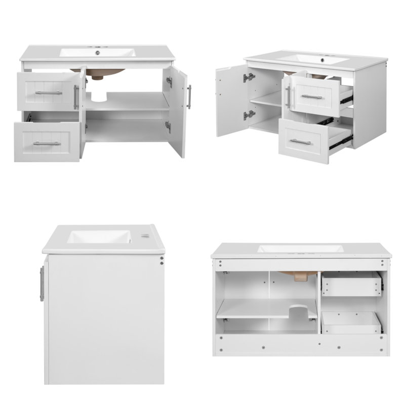 Meuble-lavabo mural de 36 pouces avec armoire de rangement flottante avec 2 tiroirs, lavabo simple en céramique à 3 trous, blanc
