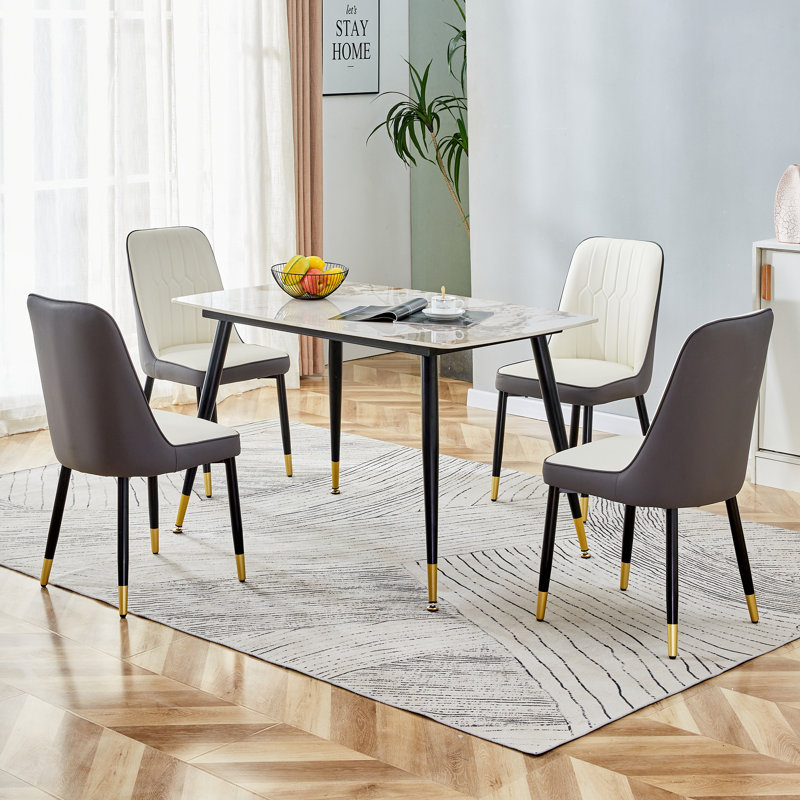 Contemporary Faux Marble 5-Piece 50" Dining Set with Upholstered Chairs, Brown/Beige, Beige/Gray