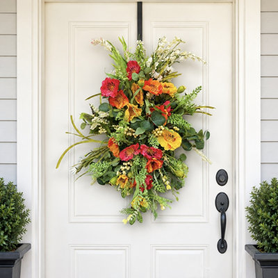 28" Artificial Spring Summer Floral Swag Farmhouse Greenery Eucalyptus Berry Wildflower Poppy Front Door Wreath Wall Decor
