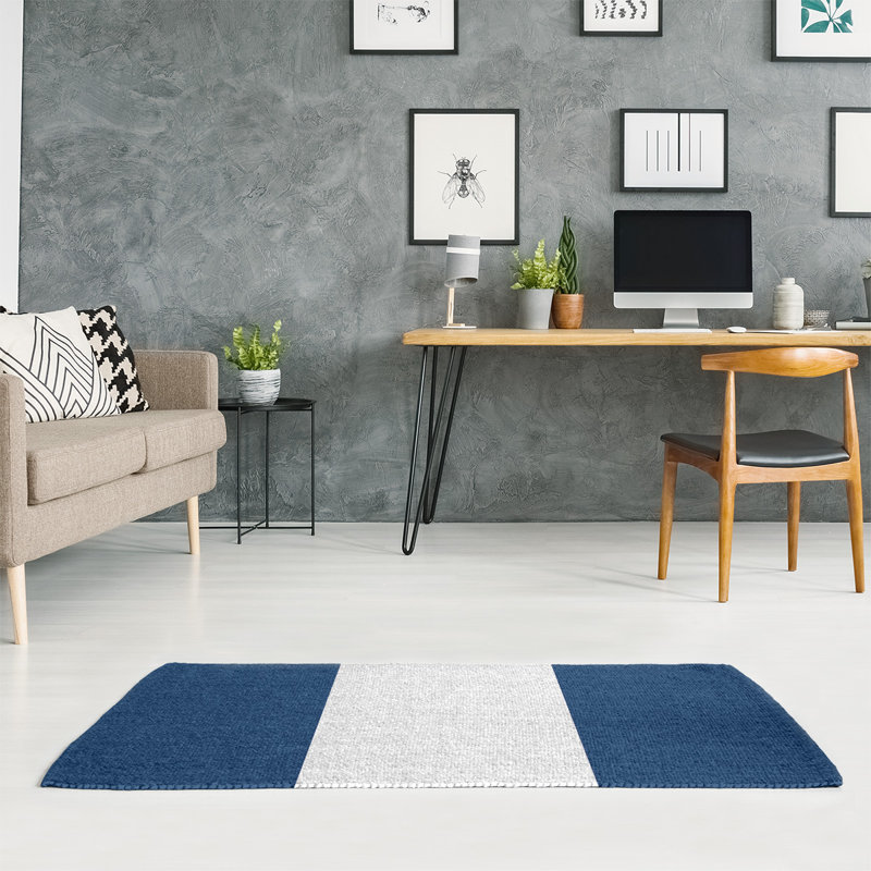 Tapis bleu/blanc tissé à plat San Diego, Rectangle 5 pi x 7 pi