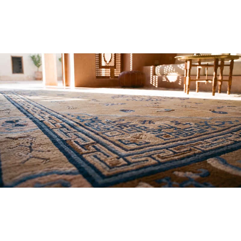 Antique Square Room Size Ivory and Blue Chinese Ningxia Rug