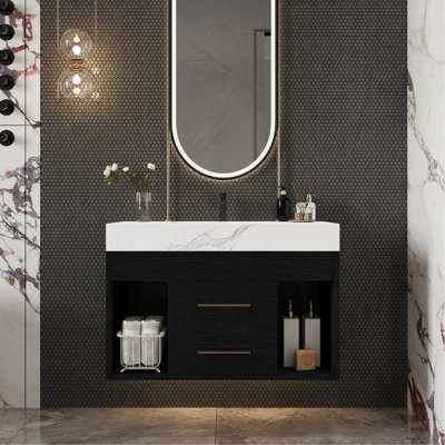 29.9" Modern Floating Bathroom Vanity With Sintered Stone Top Ceramic Undermount Sink Wall-Mounted For Small Bathrooms, Apartment