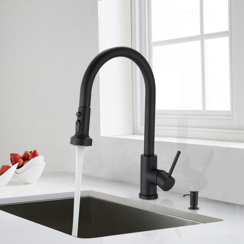 Robinet de cuisine escamotable en acier inoxydable High Arc avec design élégant noir mat et distributeur de savon pour les cuisines modernes