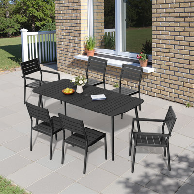 Ensemble repas pour 6 personnes en aluminium avec trou pour parasol, chaises empilables et sans accoudoirs