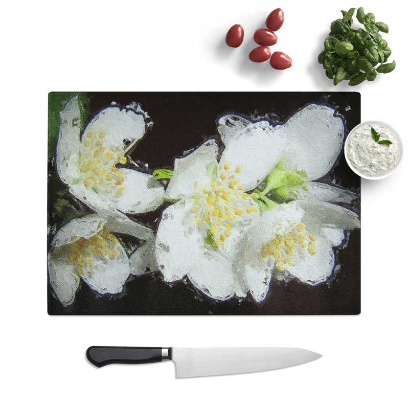 Tempered Glass White Jasmine Flowers Chopping Board, 28.5 cm W x 20 cm L